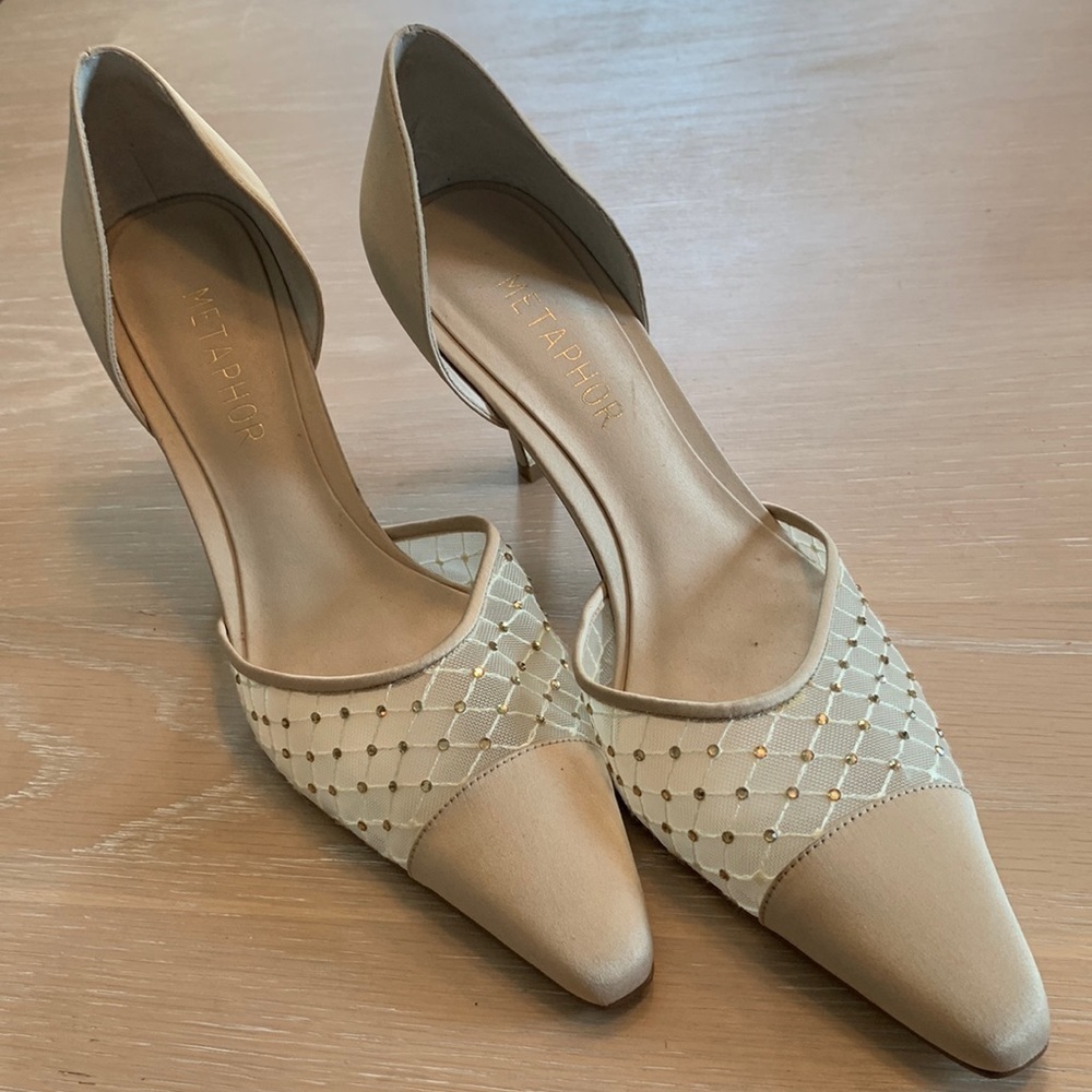 Metaphor Shyla heels Sz 9.5 with sheer rhinestone area, very light wear